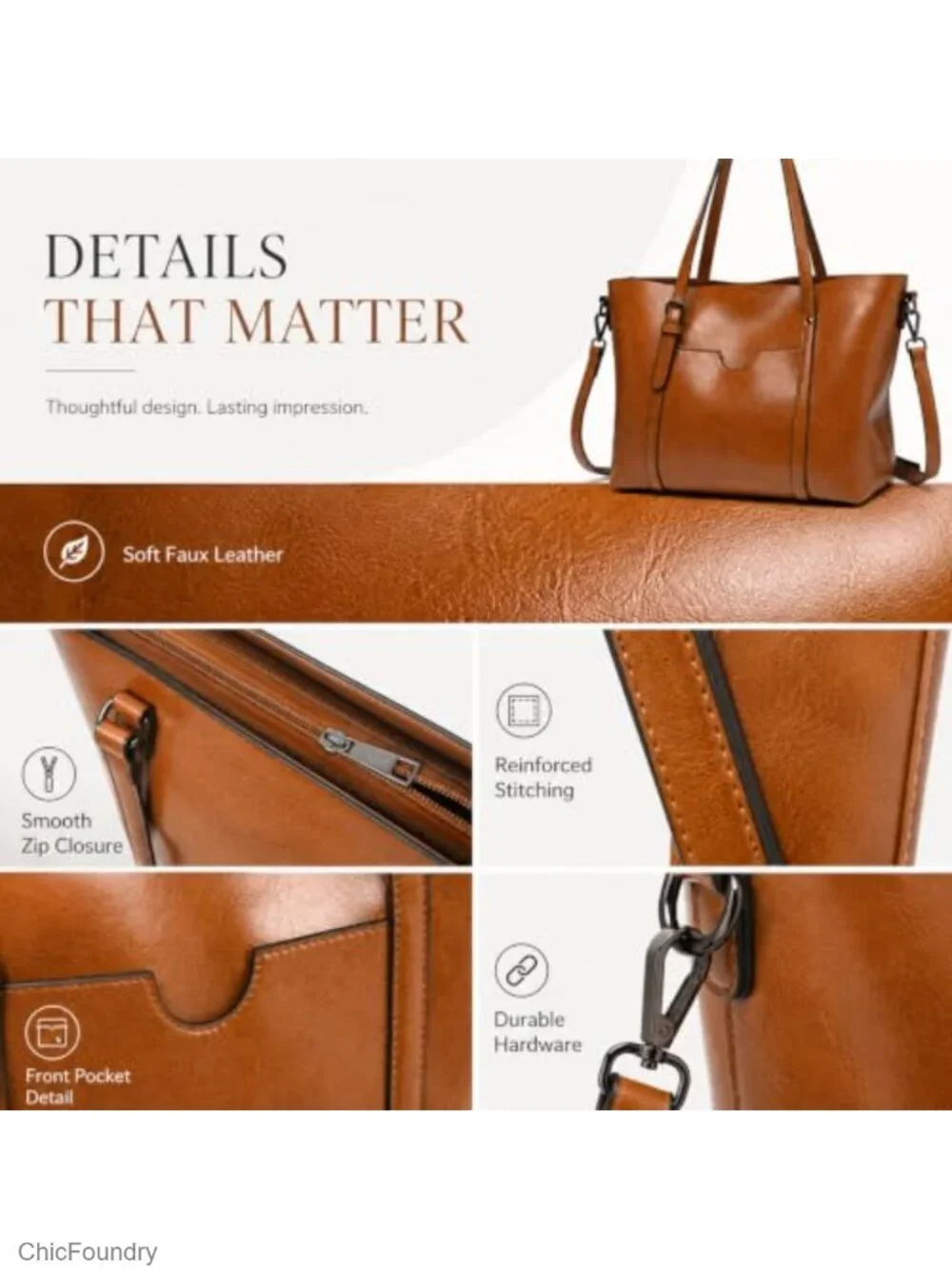 Faux Leather Tote Bag Women Large Zipper Shoulder Purse Work Satchel
